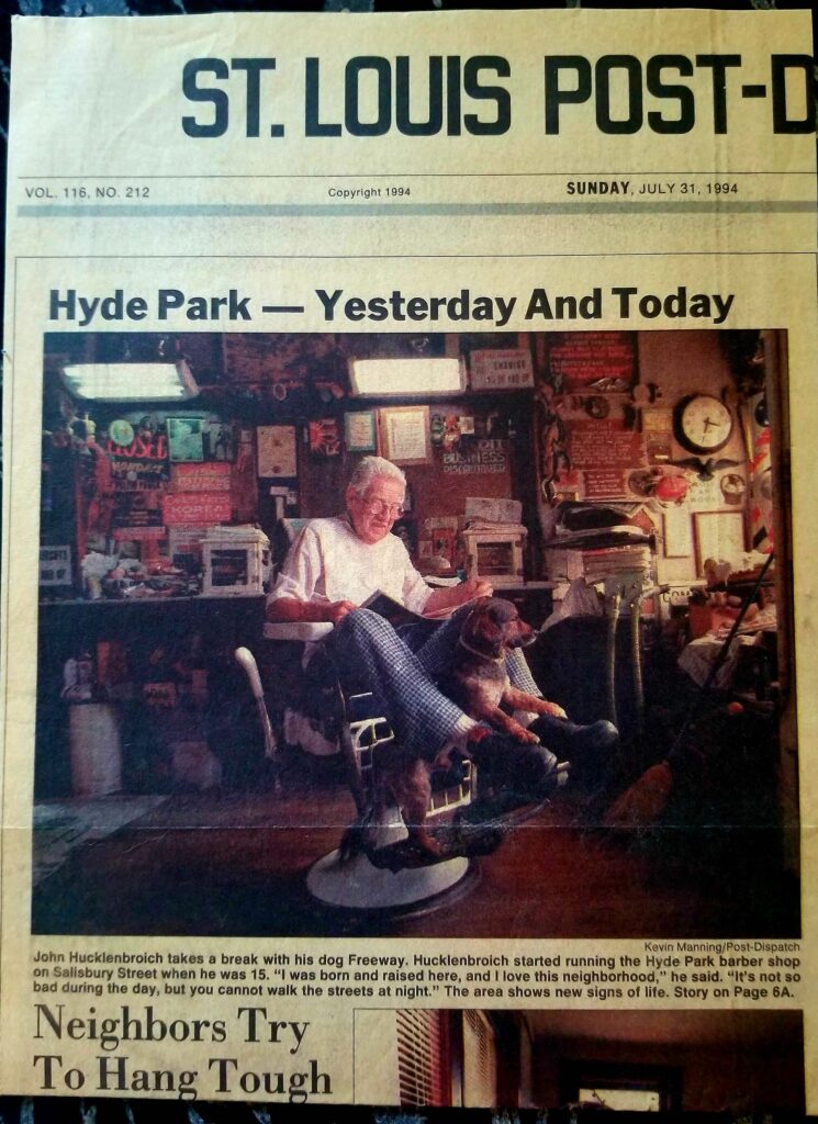 Hyde Park - Yesterday and Today. Newspaper clipping of an article about HydePark with an image of an old barbershop.